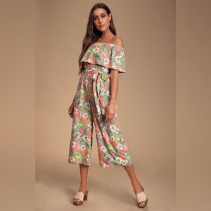 Lulu’s Raquell Coral Tropical Print Off-The-Shoulder Jumpsuit